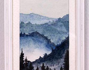 Miniature painting "Fog in the Mountains 2", fully framed with cardstock matting and acrylic front, distressed white resin frame, 1600-10