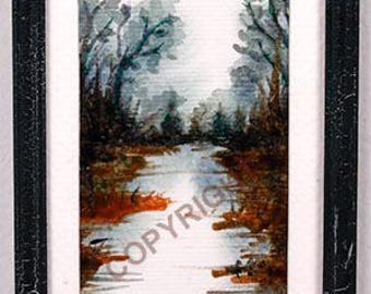 Miniatura "Bosque pantanoso", completamente enmarcada con cartulina y frente acrílico, marco de resina verde desgastado, 1600-18