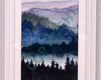 Miniature painting "Fog on the Mountains 1", fully framed with cardstock matting and acrylic front, distressed white resin frame, 1600-9