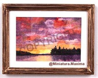 Mini cuadro "Atardecer en el mar", enmarcado, con paspartú de cartulina y frente acrílico, marco de resina color oro caoba envejecido, 1600-17