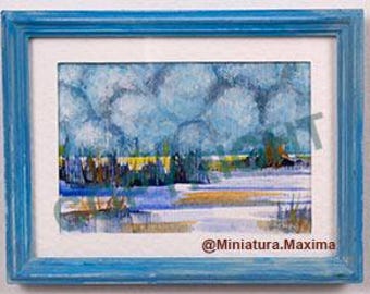 Cuadro en miniatura "Cielo maravilloso", completamente enmarcado con paspartú de cartulina y frente acrílico, marco de resina azul envejecido, 1600-6