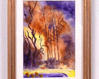 Miniature painting "Sunset in the Forest", fully framed with cardstock matting and acrylic front, distressed gold colour resin frame, 1600-7