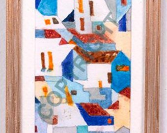 Miniature painting "City by the Sea 1", fully framed with cardstock matting and acrylic front, distressed gold coloured resin frame, 1600-15