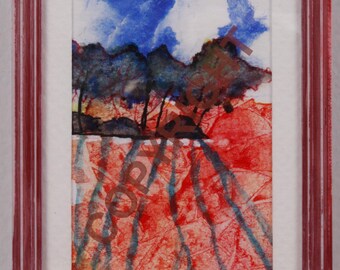 Miniature painting "Evening Shadows", fully framed with cardstock matting and acrylic front, distressed red resin frame, 1600-12