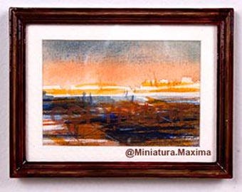 Miniature painting "Estuary", fully framed with cardstock matting and acrylic front, distressed Mahagony glossy colour resin frame, 1600-13