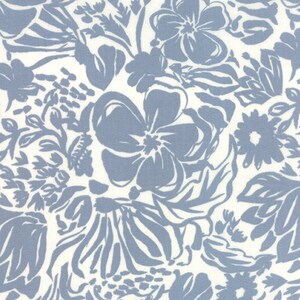 May include: A floral pattern featuring large, stylized blue flowers and foliage against a cream background. The design has a hand-drawn aesthetic, with bold, overlapping shapes and varying textures, creating a visually rich and artistic textile design.