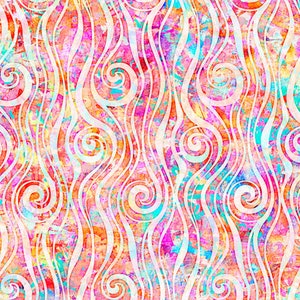 May include: Abstract fabric with a vibrant, colorful pattern. The design features flowing, white, swirling lines over a background of pink, orange, yellow, and turquoise hues. The fabric has a textured appearance.