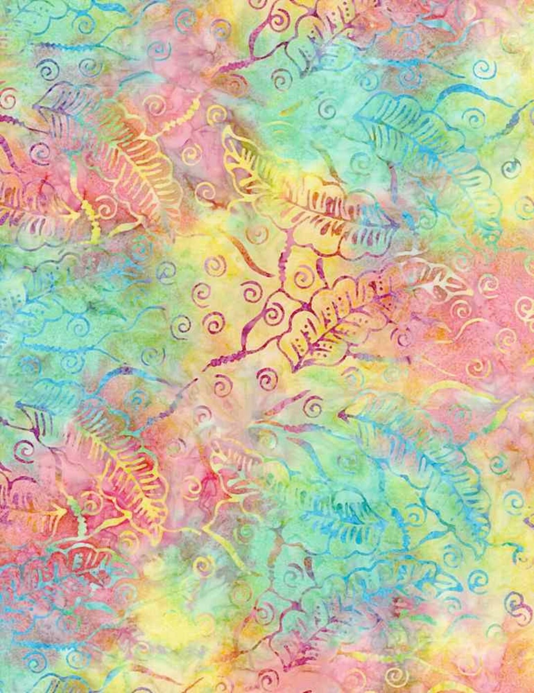 Pink Green Yellow Pastel Leaves Tonga Batik Fabric - B7920 - Timeless ...