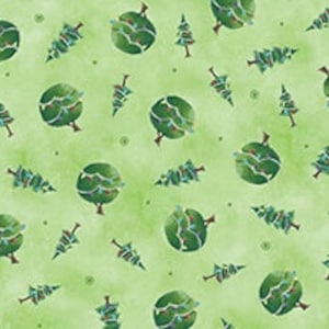 May include: A repeating pattern of green watercolor trees and round shapes on a light green background. The trees are various sizes and styles, some with brown trunks. The design has a hand-painted aesthetic, suitable for fabric or wallpaper.