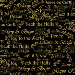 Black Words and Musical Notes Metallic Christmas Fabric - CM2052 - Deck the Halls - By the Yard