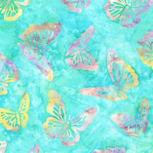 May include: A repeating pattern of colorful butterflies on a turquoise background. The butterflies have intricate wing designs with shades of yellow, pink, and purple. The background has a watercolor-like texture.