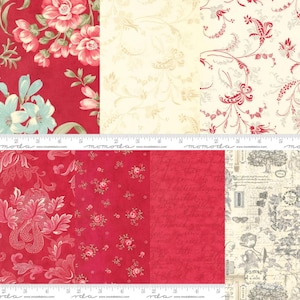 May include: A collection of seven fabric swatches featuring floral, script, and botanical patterns in shades of red, cream, and light blue. A white measuring tape with black markings is visible across the center, showing a width of 7 inches.