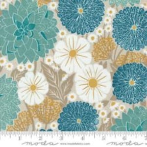 May include: Floral fabric with a beige background and large, stylized flowers in teal, white, and gold. The design includes various flower types and foliage, with a ruler along the bottom edge showing inch measurements.