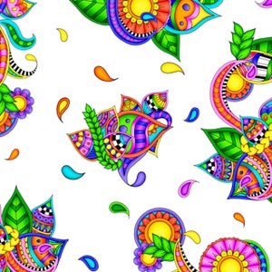 May include: A vibrant, seamless pattern featuring stylized floral and paisley elements. The design showcases a kaleidoscope of colors, including orange, yellow, green, blue, and purple, set against a white background. The intricate details and bold outlines create a visually striking and artistic aesthetic.