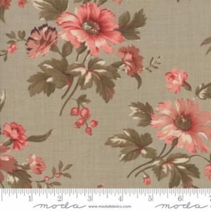 May include: Floral fabric with large pink and red flowers, green leaves, and red berries on a light gray background. The fabric has a vintage aesthetic, with a ruler along the bottom edge.