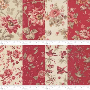 May include: A fabric swatch featuring a patchwork design with floral and bird patterns. The color palette includes shades of red, cream, and beige. The floral patterns showcase large blooms and delicate foliage, while the bird patterns feature small birds and butterflies.