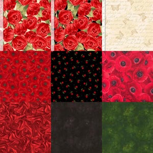 Red Poppy and Red Roses Fabric Group - Timeless Treasures - Poppies - C7973 - C7975 - C8476 - C8474 - C5835 - 12814 - C6100 Forest, Black
