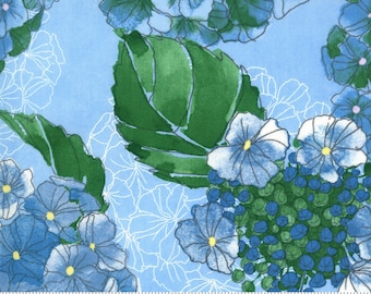 May include: Fabric with a light blue background featuring a floral pattern of blue hydrangeas and green leaves. The flowers have yellow centers and are surrounded by white outlines. The fabric is marked with a ruler.