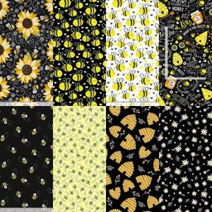Black Yellow Bees Sunflowers Fabric Group - Timeless Treasures - C5345 - C7855 - C7852 - C5496 - C8124 - C7854 - C8122 - Hives - Daisy