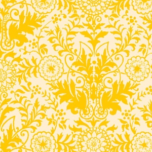 May include: A seamless pattern featuring a repeating design of yellow floral and foliate elements on a cream background. The pattern includes stylized flowers, leaves, and swirling vines, creating a classic, ornate aesthetic.
