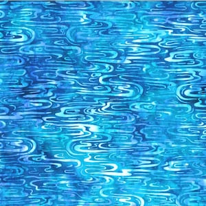 May include: A seamless fabric pattern featuring a water-like design. The pattern showcases flowing, abstract shapes in shades of blue and white, creating a watery effect. The design is repeated across the fabric.