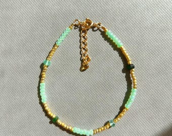Emerald Beaded Bracelet, Golden Seed Beads, May Birthstone