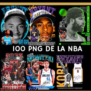 May include: A digital collage of 100 NBA player PNGs, featuring Kobe Bryant, Michael Jordan, Dirk Nowitzki, and Kyrie Irving. The collage is set against a black background with gold accents and text that reads "PAQUETE DE PNG DE LA NBA PREMIUM" and "100 PNG DE LA NBA".