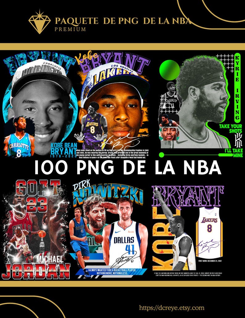May include: A digital collage of 100 NBA player PNGs, featuring Kobe Bryant, Michael Jordan, Dirk Nowitzki, and Kyrie Irving. The collage is set against a black background with gold accents and text that reads "PAQUETE DE PNG DE LA NBA PREMIUM" and "100 PNG DE LA NBA".
