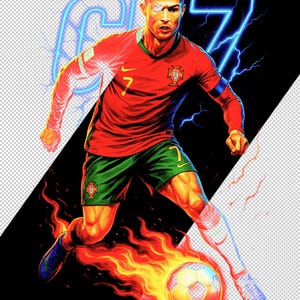 May include: Illustration of a soccer player in a red jersey with green shorts, kicking a flaming soccer ball. The number 7 is visible on the jersey and in a neon blue outline. The player is set against a black and transparent background.