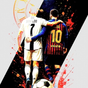 Puede incluir: Ilustración digital de dos futbolistas con camisetas con los números 7 y 10, abrazándose. Un balón de fútbol está a sus pies. El fondo es una mezcla de negro, rojo y dorado, con un diseño de reloj.