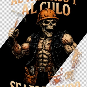 Puede incluir: Ilustración de un esqueleto musculoso con un casco naranja y un chaleco negro, sosteniendo un martillo. La imagen presenta texto dorado que dice "AL TRABAJO Y AL CULO SE LES DA DURO."