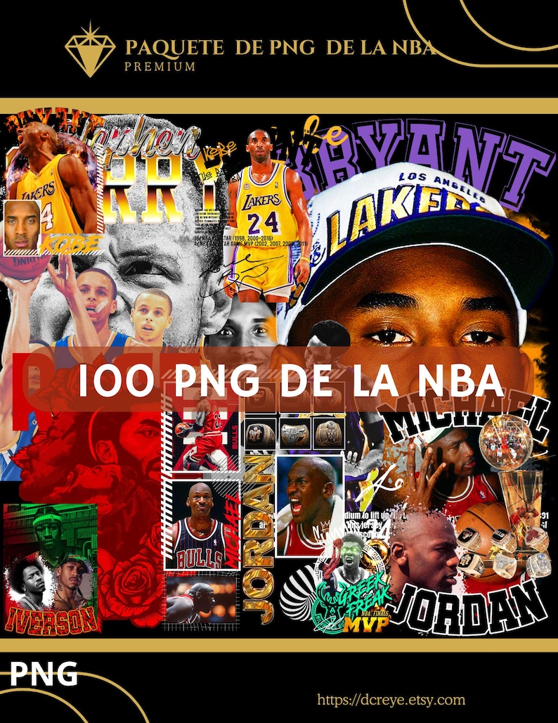 May include: A collage of NBA players, including Michael Jordan, Kobe Bryant, and Allen Iverson. The collage features images of the players in their jerseys, with text and logos related to their teams and accomplishments. The collage is set against a red, white, and black background.