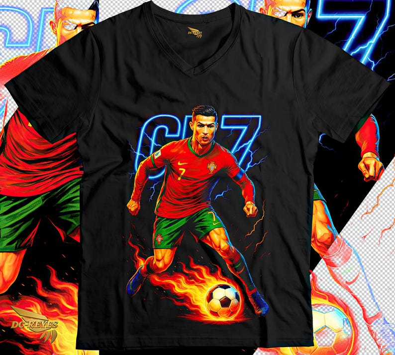 May include: Black v-neck t-shirt featuring a vibrant illustration of a soccer player in a red and green uniform, with the number 7 in blue neon. The player is kicking a soccer ball engulfed in flames.