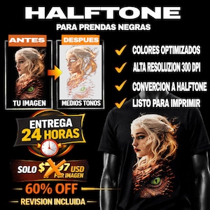 以下が含まれることがあります： 黒い服のハーフトーンサービスを宣伝する画像。画像は、画像のビフォーアフター比較、ファンタジーグラフィックの黒いTシャツを着た人のグラフィック、および「最適化された色」、「高解像度300 DPI」、および「印刷準備完了」というテキストを示しています。