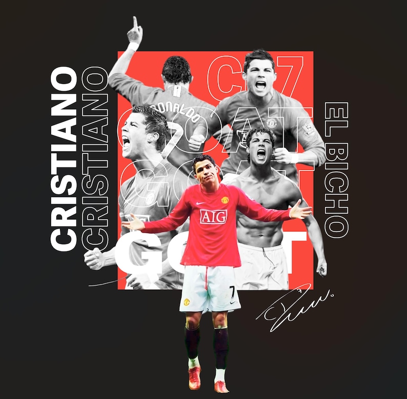 May include: A graphic design featuring multiple images of Cristiano Ronaldo in a red jersey and white shorts. The design includes the text "CRISTIANO" and "EL BICHO" in white, with a signature at the bottom.