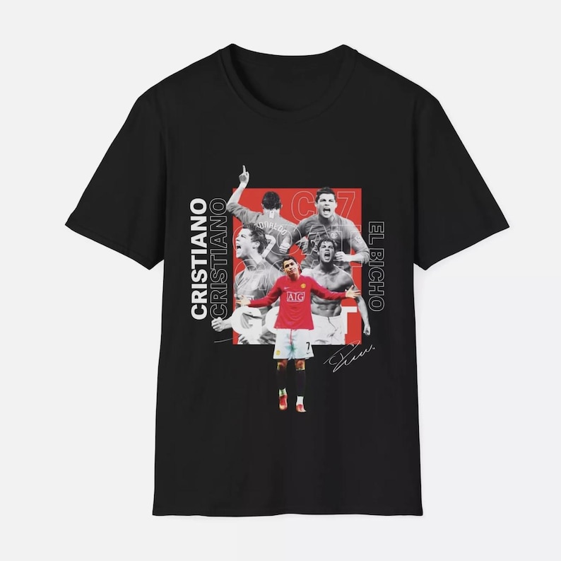 May include: Black t-shirt featuring a collage of Cristiano Ronaldo in action, with the text "CRISTIANO" and "EL BICHO". The design includes a signature and images of Ronaldo in a red jersey.