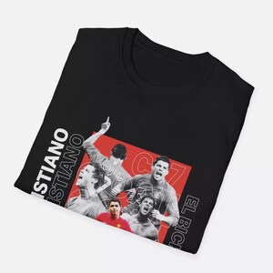 May include: Black t-shirt featuring a collage of Cristiano Ronaldo in action, with the text "CRISTIANO" and "EL BICH". The design includes a red rectangle with the number "7".