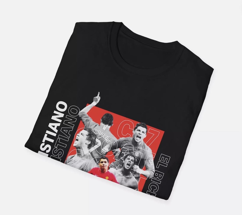 May include: Black t-shirt featuring a collage of Cristiano Ronaldo in action, with the text "CRISTIANO" and "EL BICH". The design includes a red rectangle with the number "7".