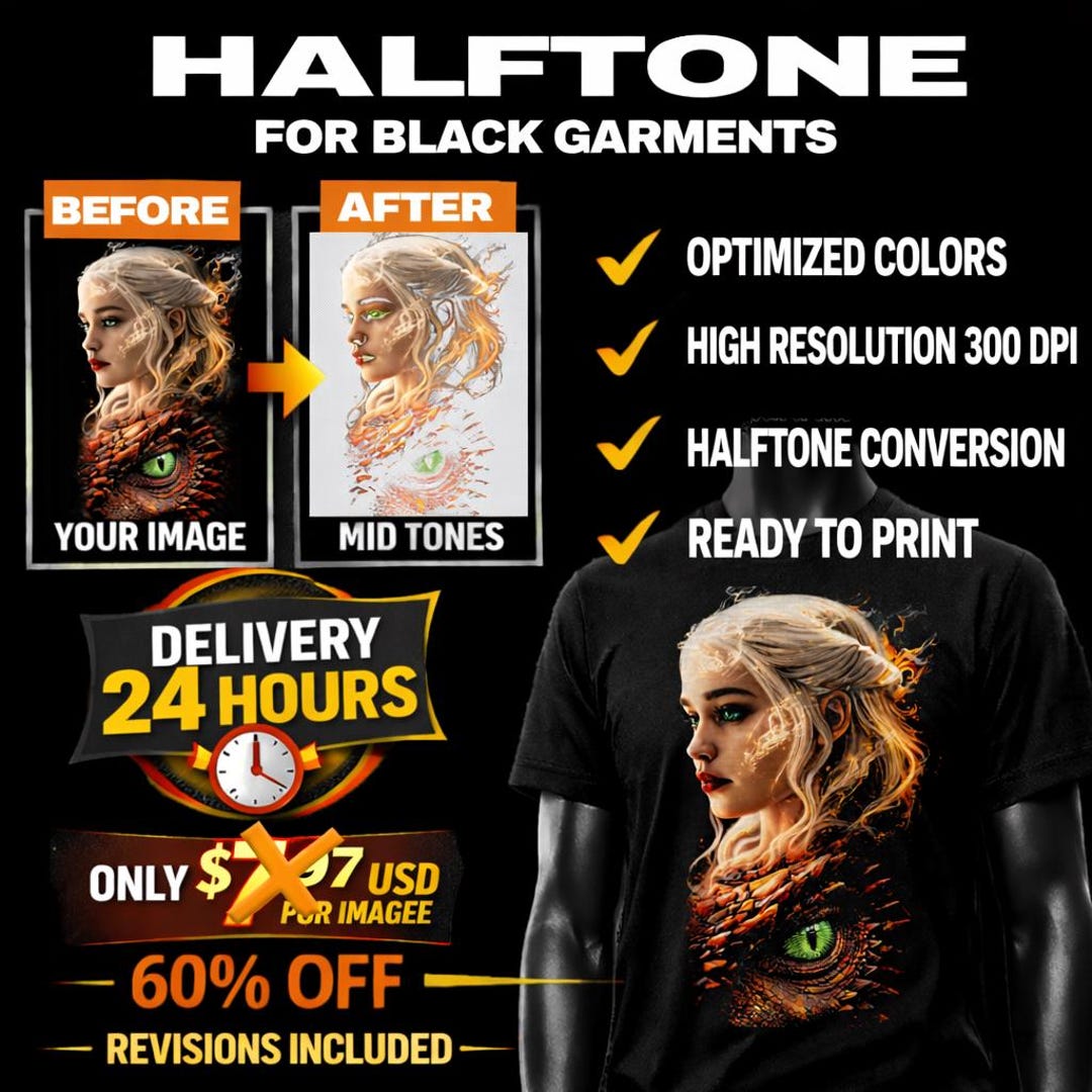 Halftone Service for DTF, Photo to Halftone Conversion for Black Shirts, Image Optimizatio