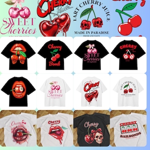 May include: A collection of 10 t-shirt designs featuring cherries, skulls, lips, and other cherry-themed graphics. The designs are printed on both black and white t-shirts. Some of the designs include the text "Cherry Bomb", "Sweet Cherries", and "Tart Cherry Juice".