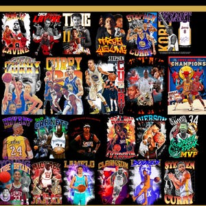 May include: A digital collage of 16 NBA player images. The images are in a grid format and feature players like Stephen Curry, Kobe Bryant, Michael Jordan, and Allen Iverson. The images are colorful and have a variety of backgrounds and designs.