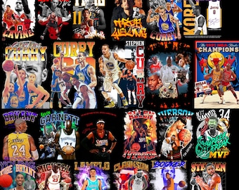 Puede incluir: Un collage digital de 16 imágenes de jugadores de la NBA. Las imágenes están en formato de cuadrícula y presentan jugadores como Stephen Curry, Kobe Bryant, Michael Jordan y Allen Iverson. Las imágenes son coloridas y tienen una variedad de fondos y diseños.