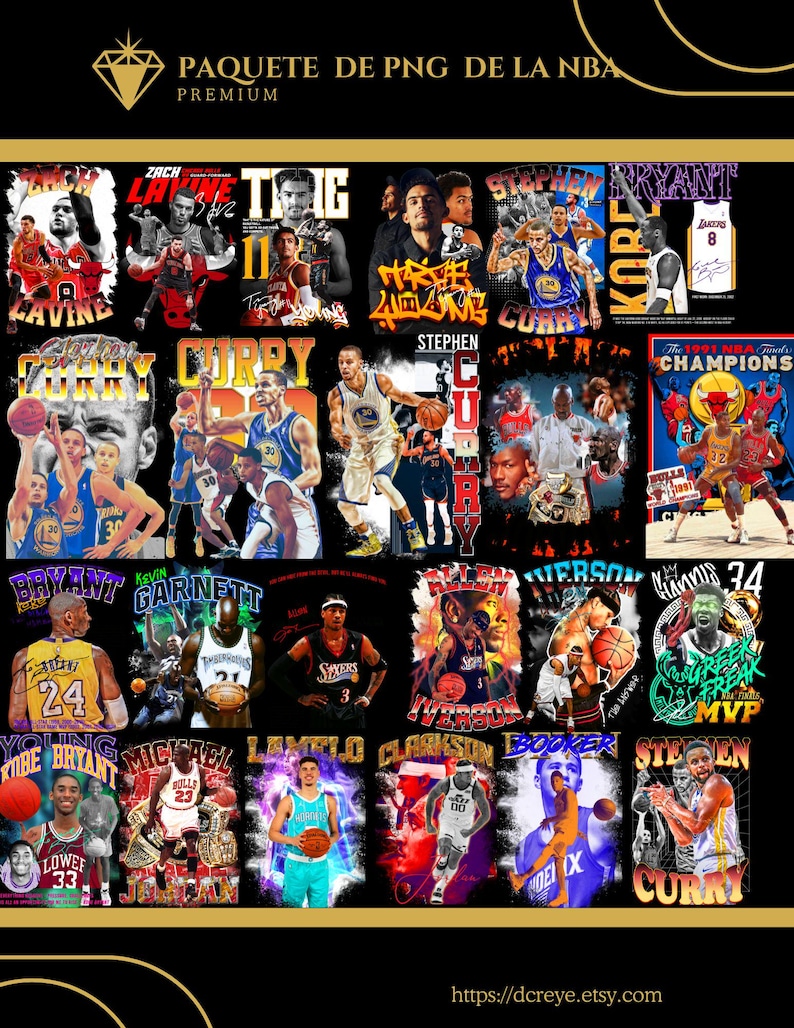 May include: A digital collage of 16 NBA player images. The images are in a grid format and feature players like Stephen Curry, Kobe Bryant, Michael Jordan, and Allen Iverson. The images are colorful and have a variety of backgrounds and designs.