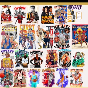 May include: A digital collage of NBA players, including Stephen Curry, Kobe Bryant, Michael Jordan, Allen Iverson, and LeBron James. The collage features various images of the players in action, with their names and jersey numbers displayed. The background is a white canvas with a gold diamond shape at the top.