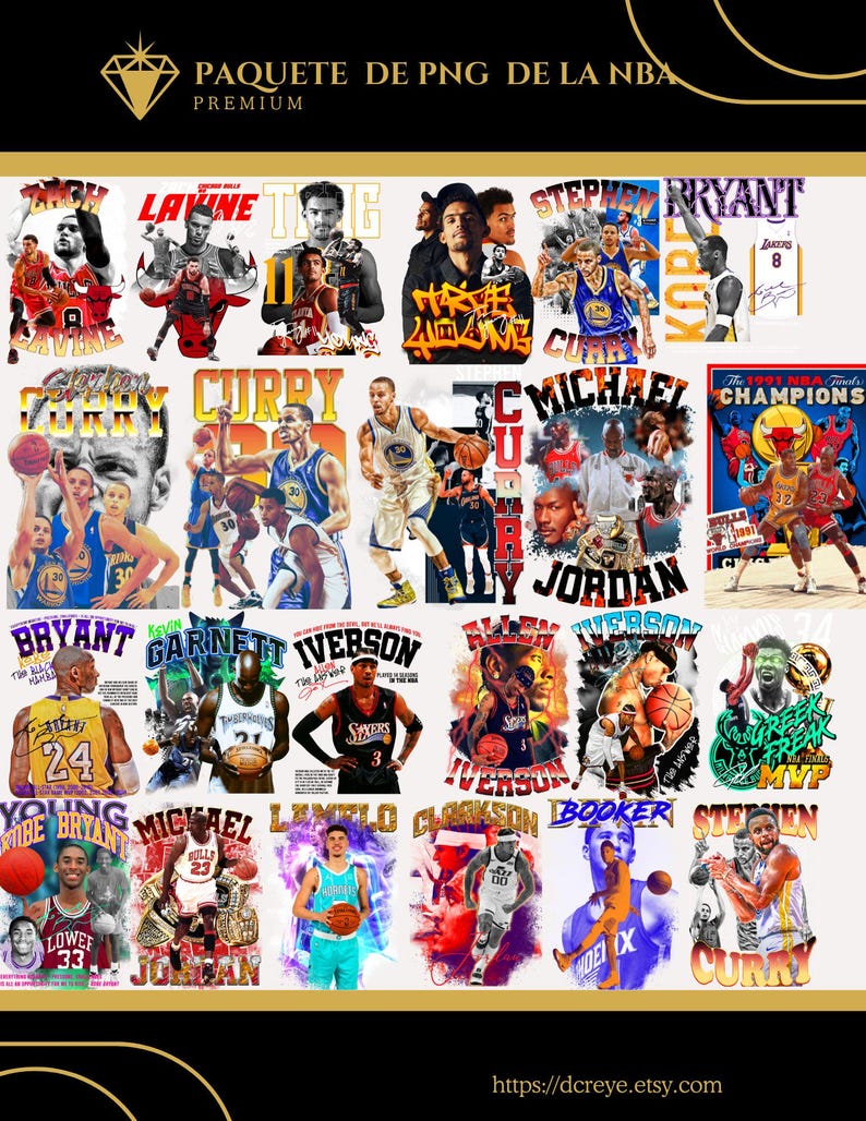May include: A digital collage of NBA players, including Stephen Curry, Kobe Bryant, Michael Jordan, Allen Iverson, and LeBron James. The collage features various images of the players in action, with their names and jersey numbers displayed. The background is a white canvas with a gold diamond shape at the top.