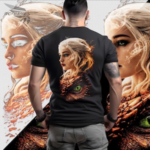 May include: Black t-shirt featuring a portrait of a woman with blonde hair and red lipstick, combined with a dragon's eye. The design is set against a background with similar imagery. The text "DC-REYES" is visible in the upper left corner.