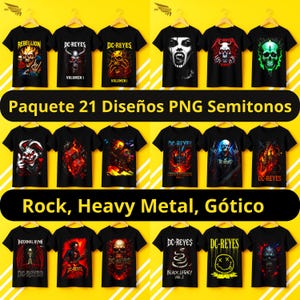 Pack Rock 21 modèles PNG en demi-teintes | Demi-teintes pour t-shirts noirs | Rock, Heavy Metal, Gothique | Crânes, feu, guitares