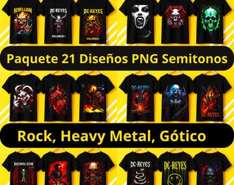 Rock Pack of 21 PNG Halftone Designs | Halftone for Black T-Shirts | Rock, Heavy Metal, Gothic | Skulls, Fire, Guitars