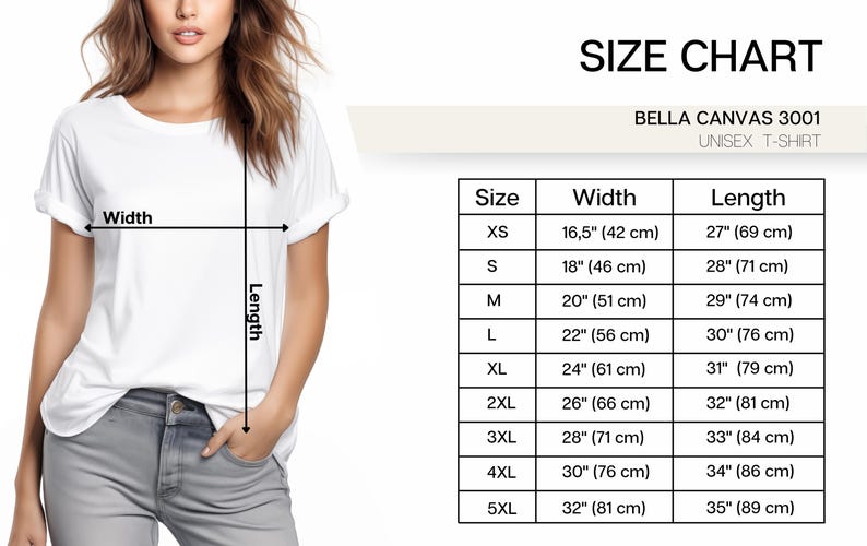 May include: Size chart for Bella Canvas 3001 unisex t-shirt. The chart shows the width and length measurements in inches and centimeters for sizes XS to 5XL.