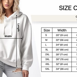 May include: Size chart for a unisex hoodie, showing measurements in inches and centimeters for sizes S through 5XL. The chart includes width and length measurements.